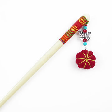 Cattle Bone Hair Stick with Pumpkin Red 6.6 In